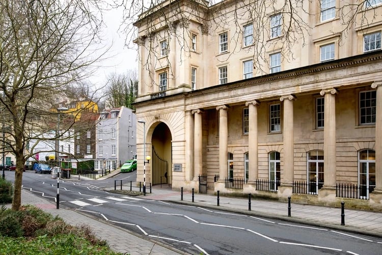 Historic building with columns and arched entrance exterior at Brunel House in Bristol Student Accommodation