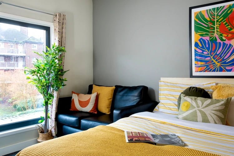 Black sofa plant colorful art yellow bed bedroom at Phoenix Court in Bristol Student Accommodation