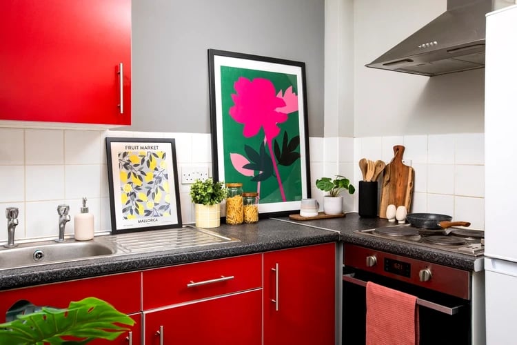 Red cabinets sink artwork and appliances kitchen at Phoenix Court in Bristol Student Accommodation