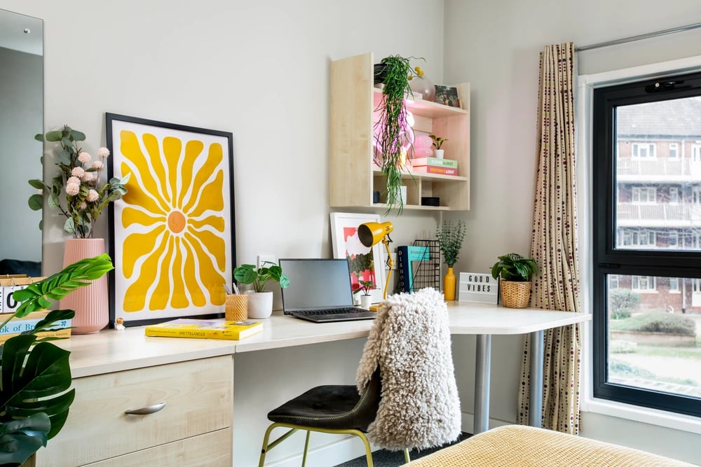 Desk laptop plants framed art study area at Phoenix Court in Bristol Student Accommodation