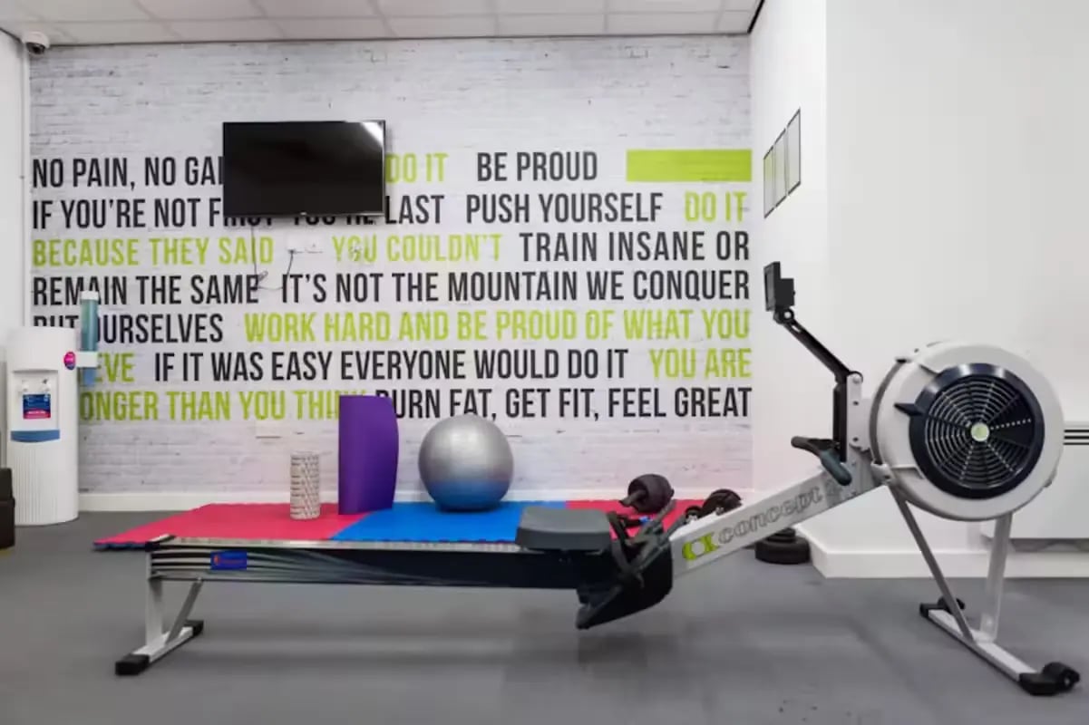 Rowing machine with fitness equipment gym area at St Lawrence House in Bristol Student Accommodation