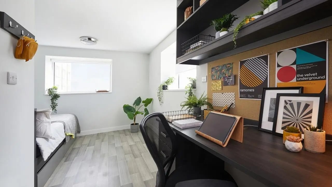 Bed desk plants and posters study area at Collegiate Tower in Bristol Student Accommodation