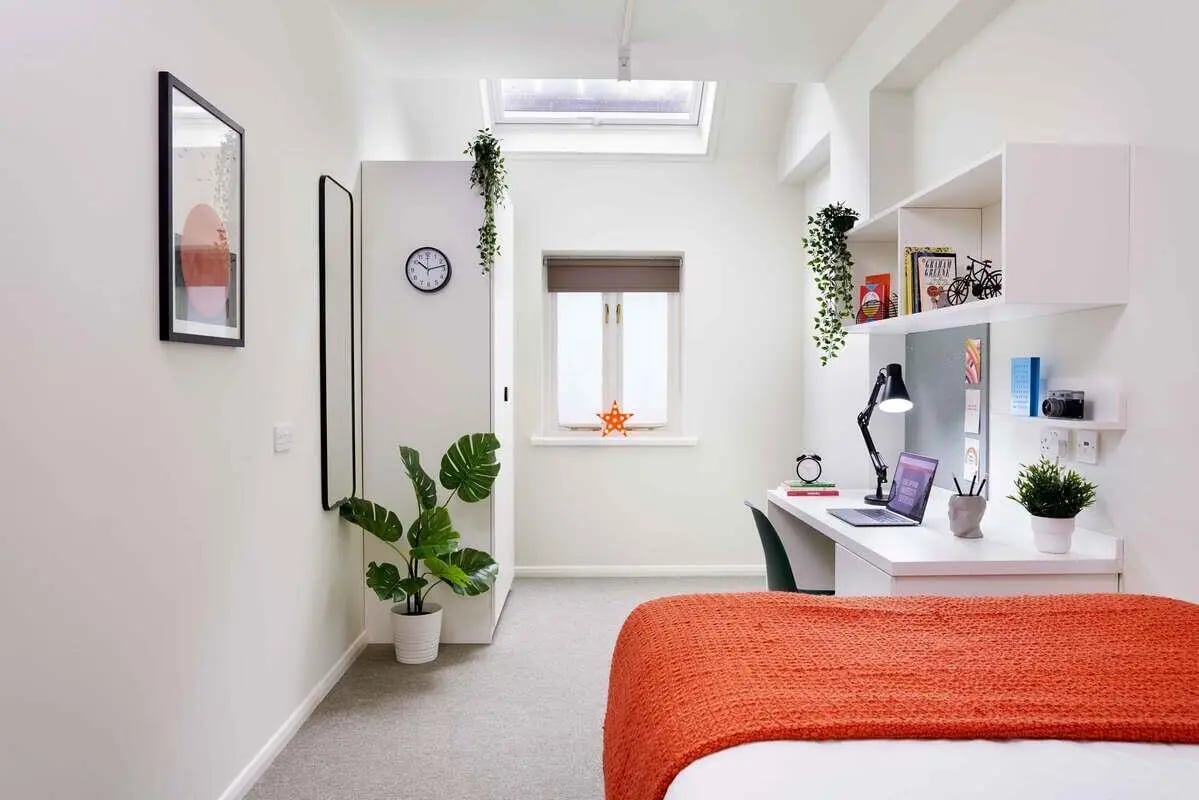 Bed desk wardrobe plants painting clock bedroom study area at Culver House in Bristol Student Accommodation