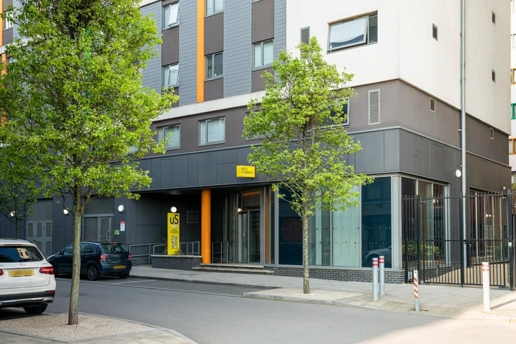 Modern student accommodation building entrance exterior at North Lodge in London Student Accommodation