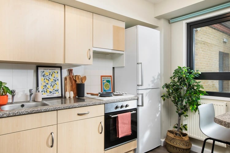 Kitchen with cabinets sink stove and refrigerator kitchen at Pacific Court in London Student Accommodation