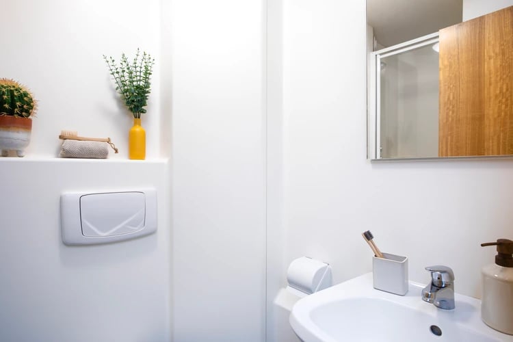 Toilet cistern and sink with toothbrushes Bathroom at Somerset Court in London Student Accommodation