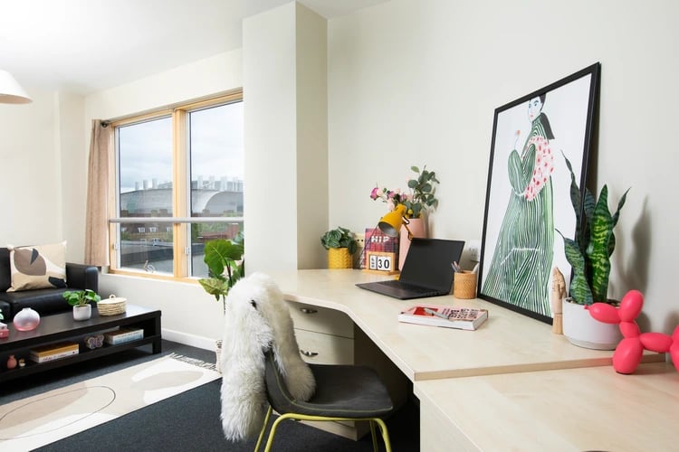 Desk with laptop plants and artwork study area at Somerset Court in London Student Accommodation