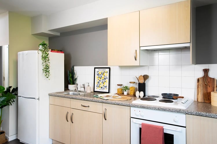 Fridge sink stove and cabinets kitchen at Somerset Court in London Student Accommodation