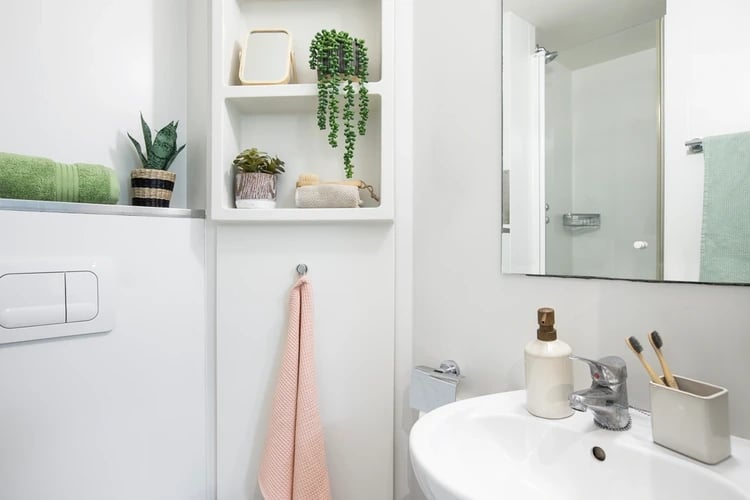 Toilet cistern towel plants mirror sink and shower. Bathroom. at Elizabeth Croll House in London Student Accommodation