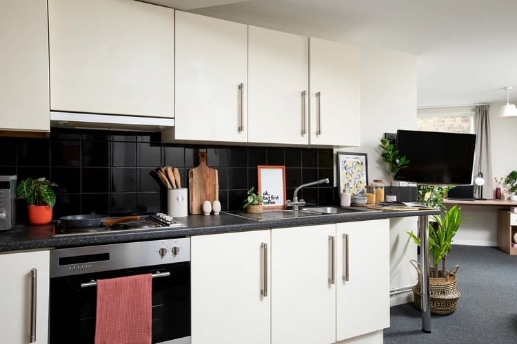 Kitchen counter with oven sink and cabinets kitchen at Elizabeth Croll House in London Student Accommodation