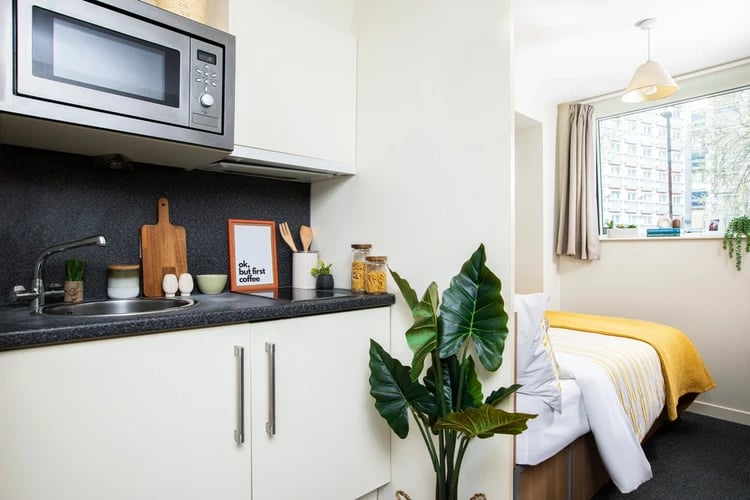 Microwave sink bed plant bedroom kitchen living room at Elizabeth Croll House in London Student Accommodation
