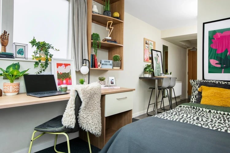 Desk with laptop plants and bed Bedroom at Elizabeth Croll House in London Student Accommodation