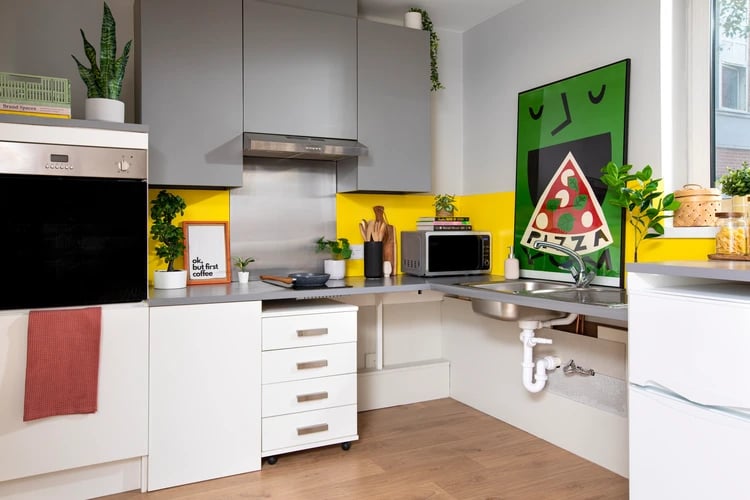 Modern student accommodation kitchen with oven and microwave kitchen at East Central House in London Student Accommodation