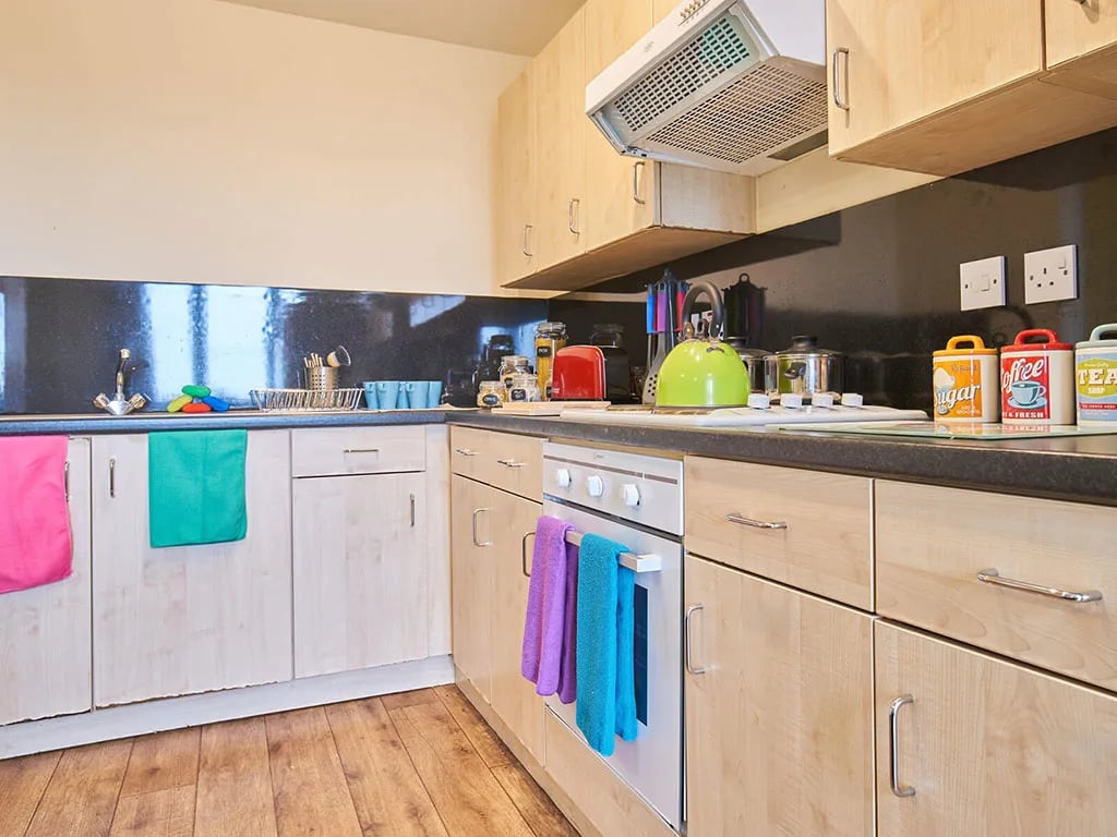 Kitchen with kettle sink and cabinets kitchen at Europa in Liverpool Student Accommodation