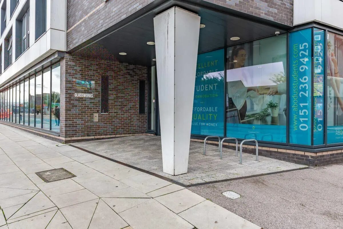 Glassworks building entrance with bike racks Exterior at Glassworks - Liverpool in Liverpool Student Accommodation