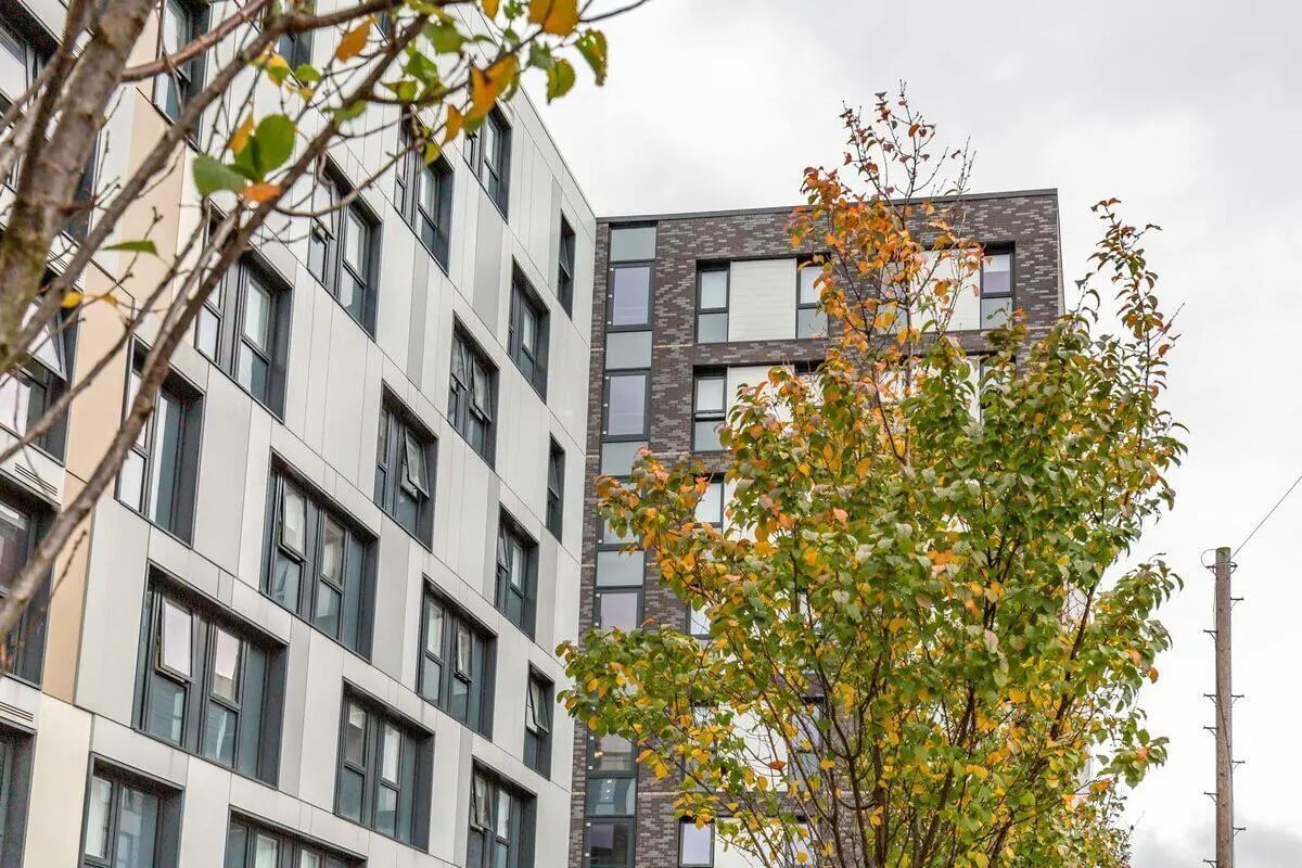 Modern apartment buildings with trees exterior at Glassworks - Liverpool in Liverpool Student Accommodation