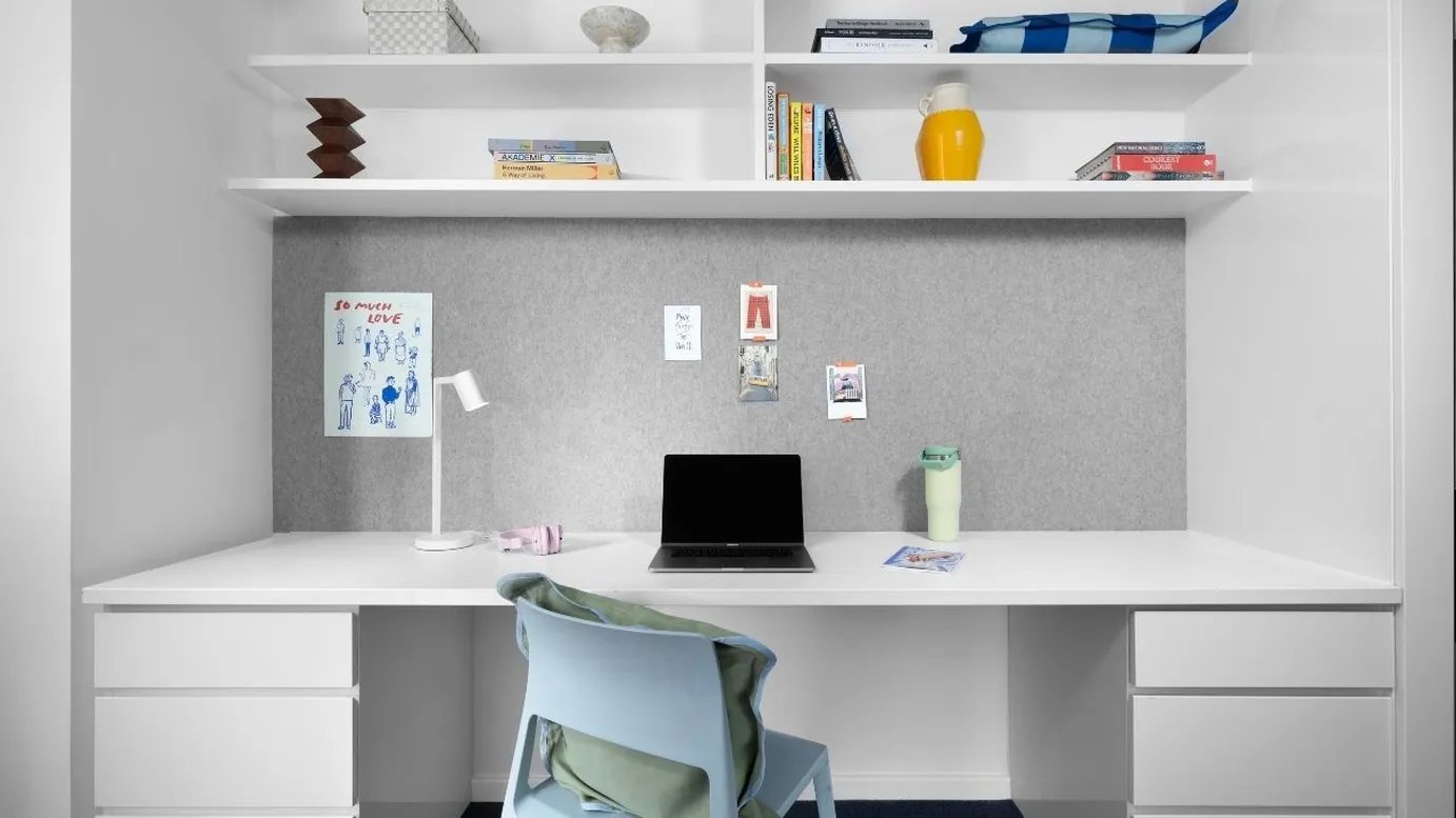 Desk with laptop and chair Study area at Scape Mile End in London Student Accommodation