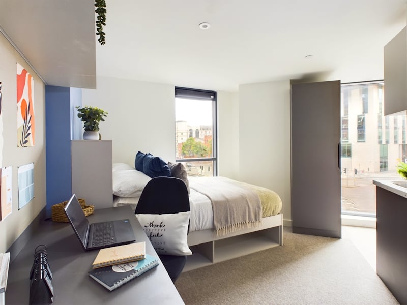 Bed desk laptop chair and plant bedroom at The Edge in Belfast Student Accommodation