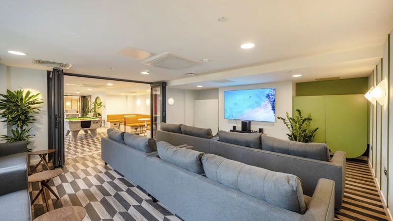 Sofas television pool table visible common area at The Edge in Belfast Student Accommodation