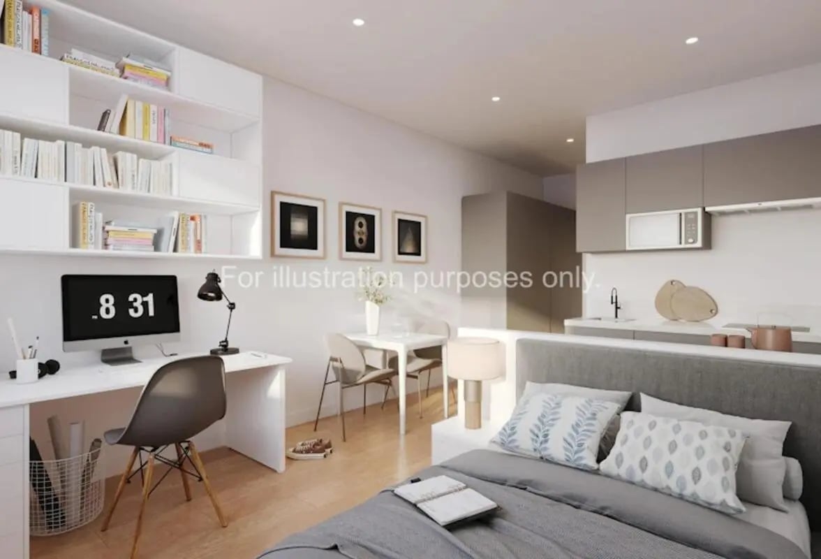 Desk bed kitchen dining area studio apartment at Sizer Court in Preston Student Accommodation