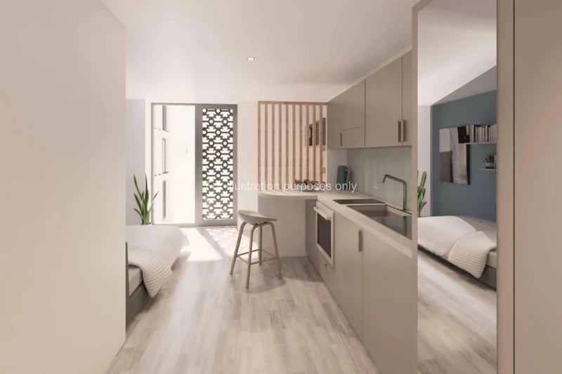 Studio apartment with kitchen and bed. at St Gabriels in Manchester Student Accommodation