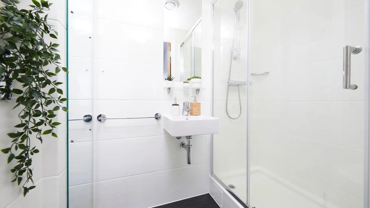 Modern bathroom with shower sink and plant at Collegiate Crown Place Portsmouth in Portsmouth Student Accommodation