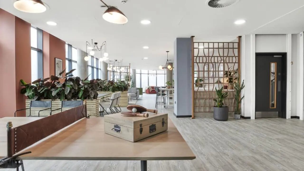 Ping pong table plants and seating communal area at Gosford Gate in Coventry Student Accommodation