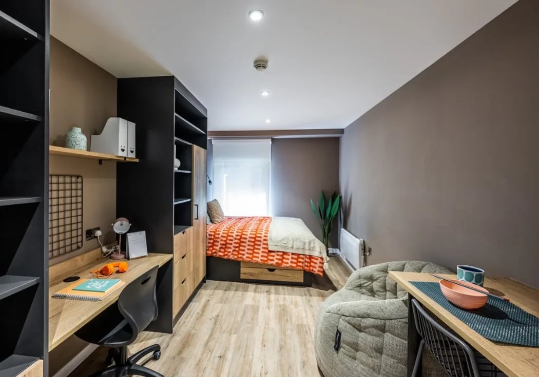 Bed desk chair beanbag and shelves bedroom at Murieston Crescent - Edinburgh in Edinburgh Student Accommodation