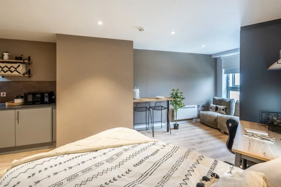 Bed kitchen sofa desk and plants studio apartment at Murieston Crescent - Edinburgh in Edinburgh Student Accommodation