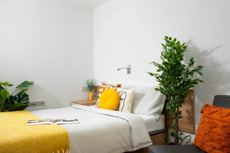 Bed with pillows plant and book bedroom at Charlton Court in Bath Student Accommodation