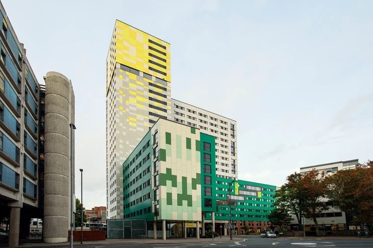 Tall modern buildings with colorful facade exterior at Greetham Street in Portsmouth Student Accommodation