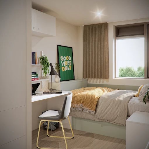 Desk chair shelves and bed bedroom at Avon Point in Bristol Student Accommodation