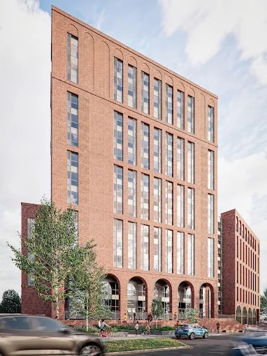 Brick student accommodation building with arched windows exterior at Avon Point in Bristol Student Accommodation