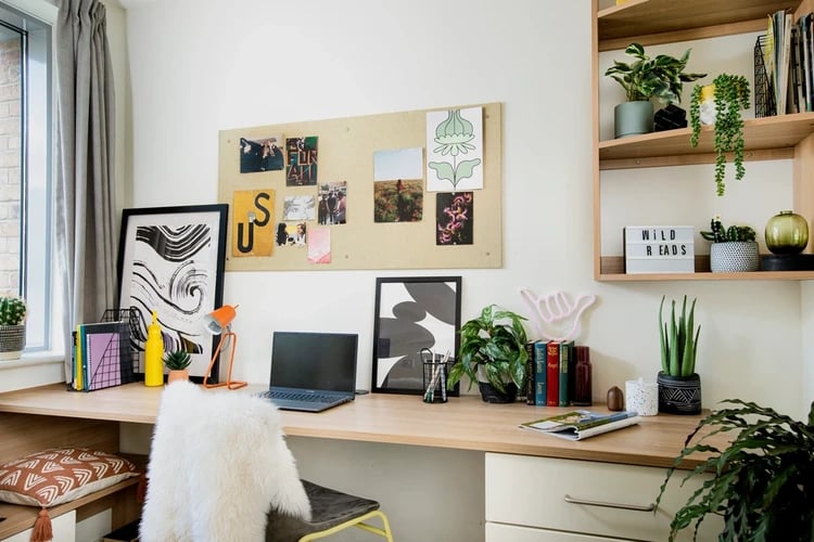 Desk with laptop plants artwork and corkboard study area at Moonraker Point in London Student Accommodation