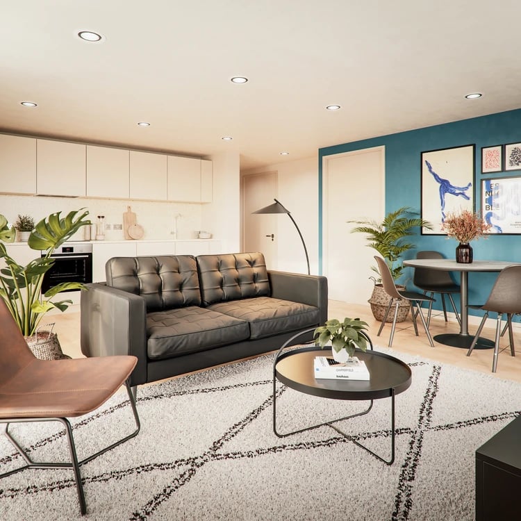 Sofa coffee table chairs kitchen artwork living room at Burnet Point in Edinburgh Student Accommodation