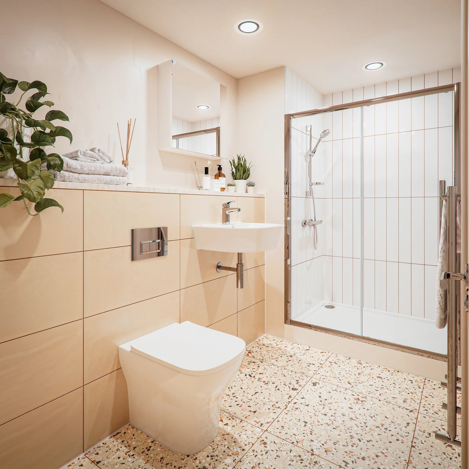 Toilet sink shower plant towels and diffuser Bathroom at Burnet Point in Edinburgh Student Accommodation