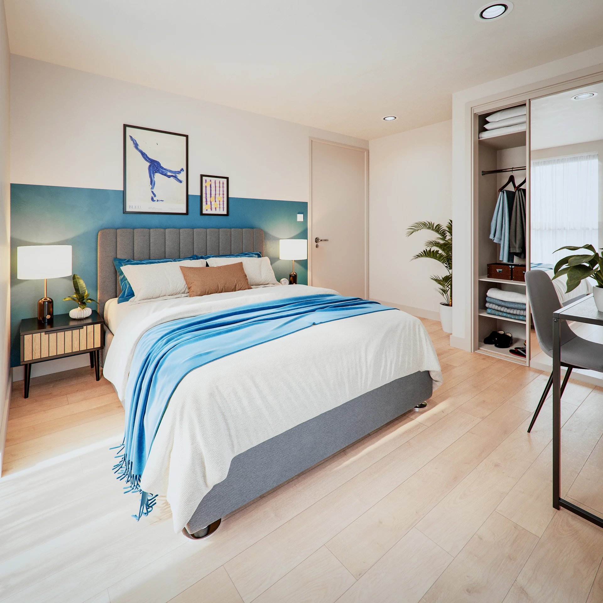 Bed bedside table wardrobe artworks and desk bedroom at Burnet Point in Edinburgh Student Accommodation