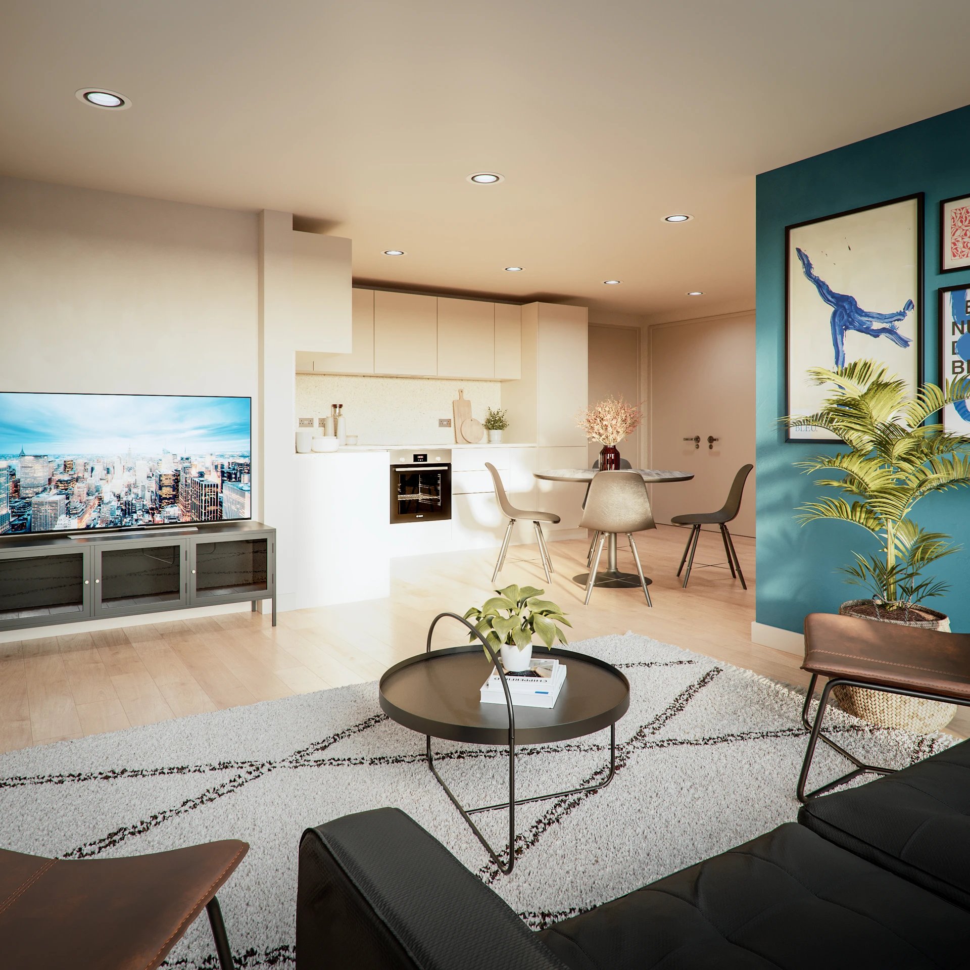 Sofa coffee table chairs television kitchen area living room at Burnet Point in Edinburgh Student Accommodation