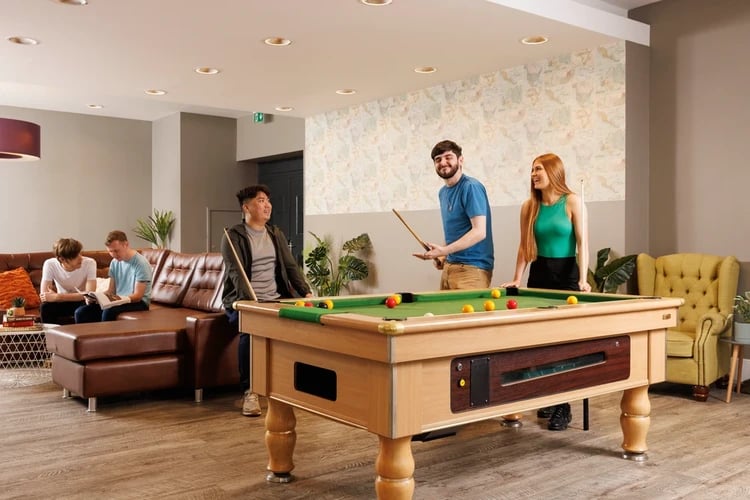 Pool table and seating area living room at Quay Point in Newcastle Upon Tyne Student Accommodation