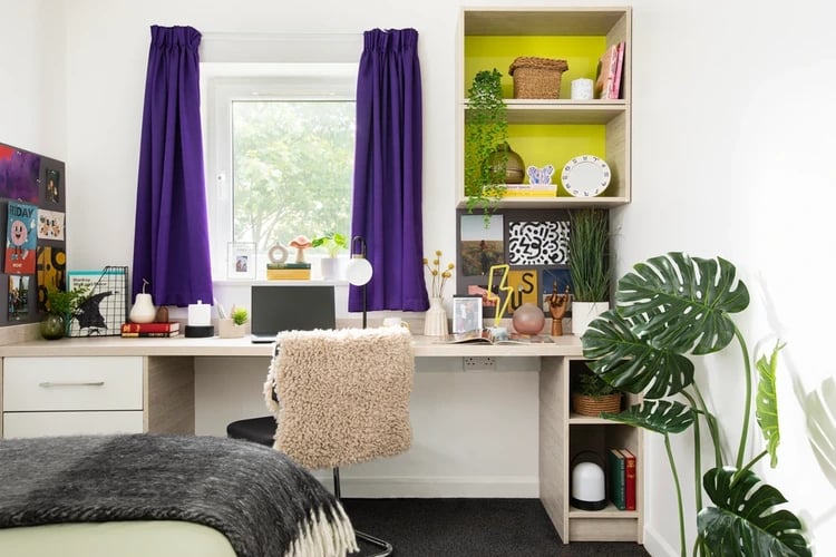 Desk with shelves laptop and plants Bedroom Study Area at Cambrian Point in Cardiff Student Accommodation