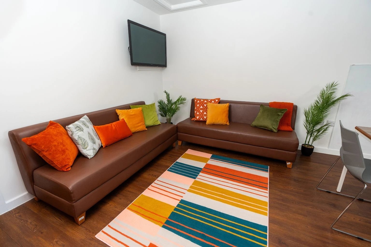Brown sofas colorful pillows patterned rug living room at Tramways - Salford in Salford Student Accommodation