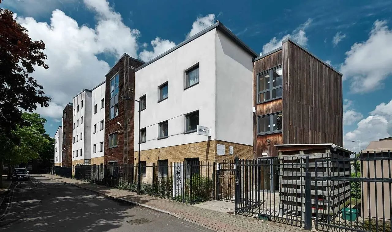 Modern student accommodation building with wooden accents exterior at Bernard Myers House in London Student Accommodation