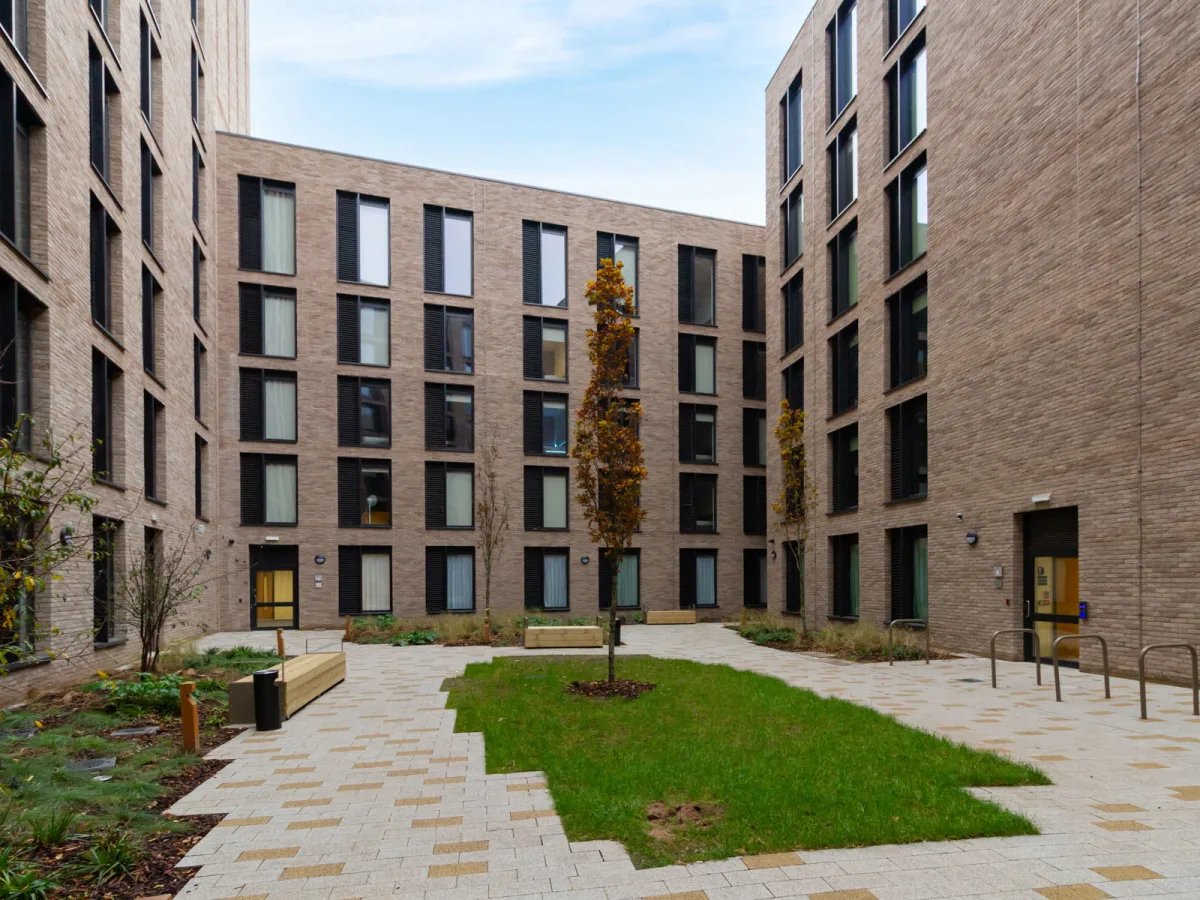 Modern brick student accommodation courtyard exterior at The Tannery Leicester in Leicester Student Accommodation