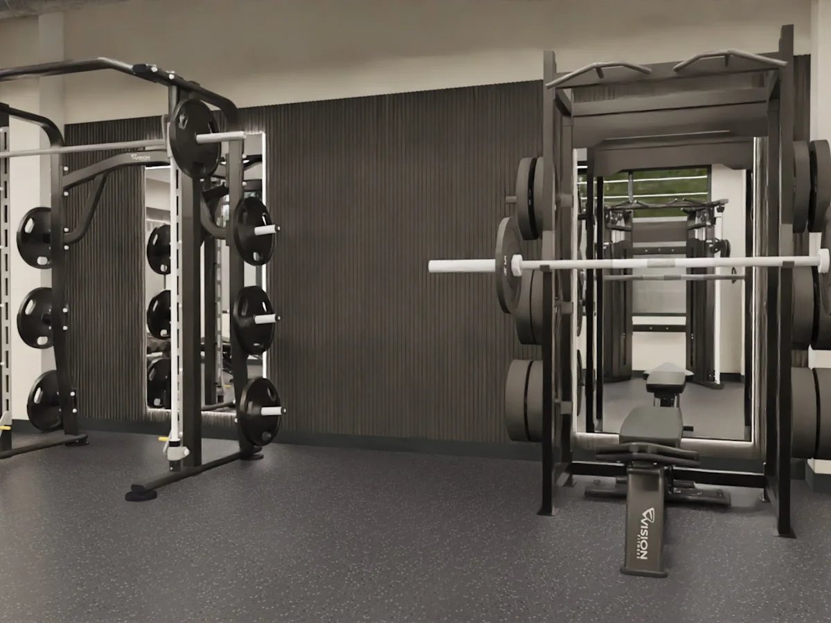 Weight racks and bench in gym gym at The Tannery Leicester in Leicester Student Accommodation
