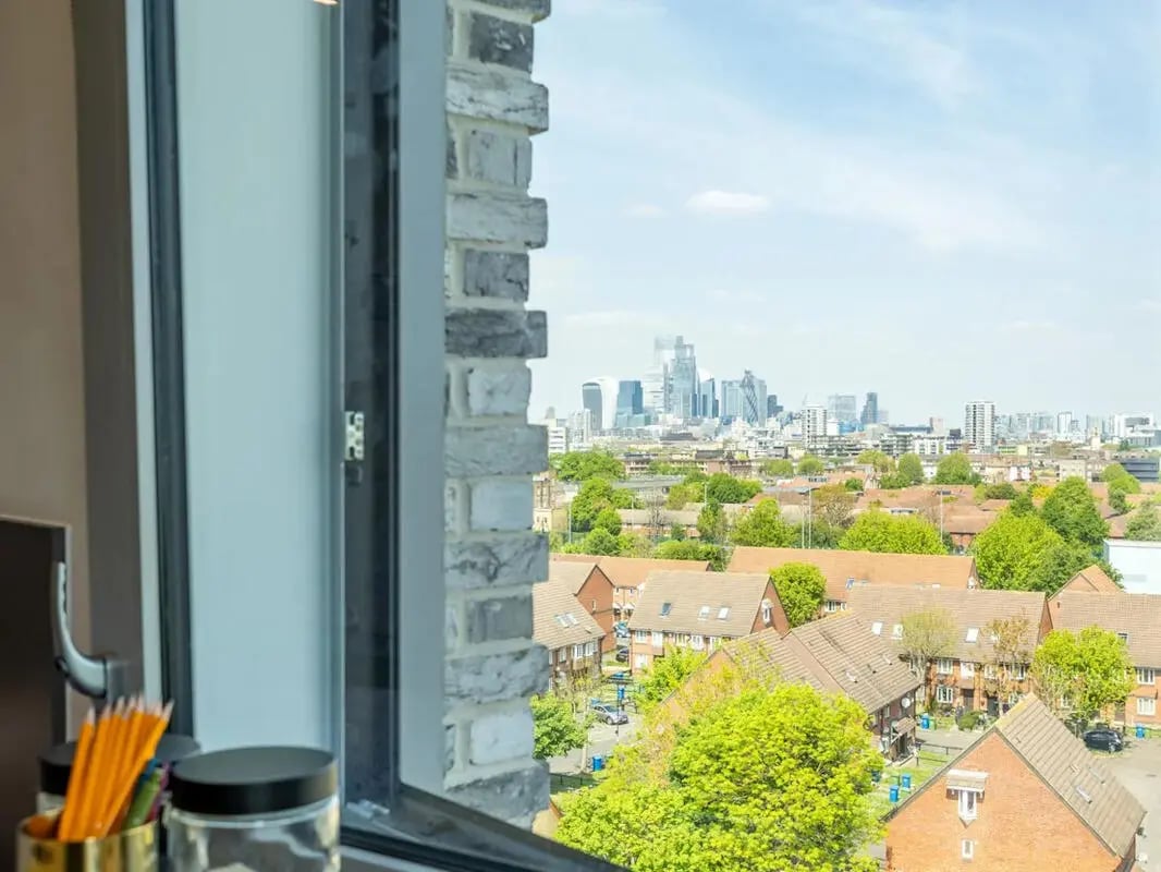 Pencils in holder cityscape view exterior at Great Court in London Student Accommodation
