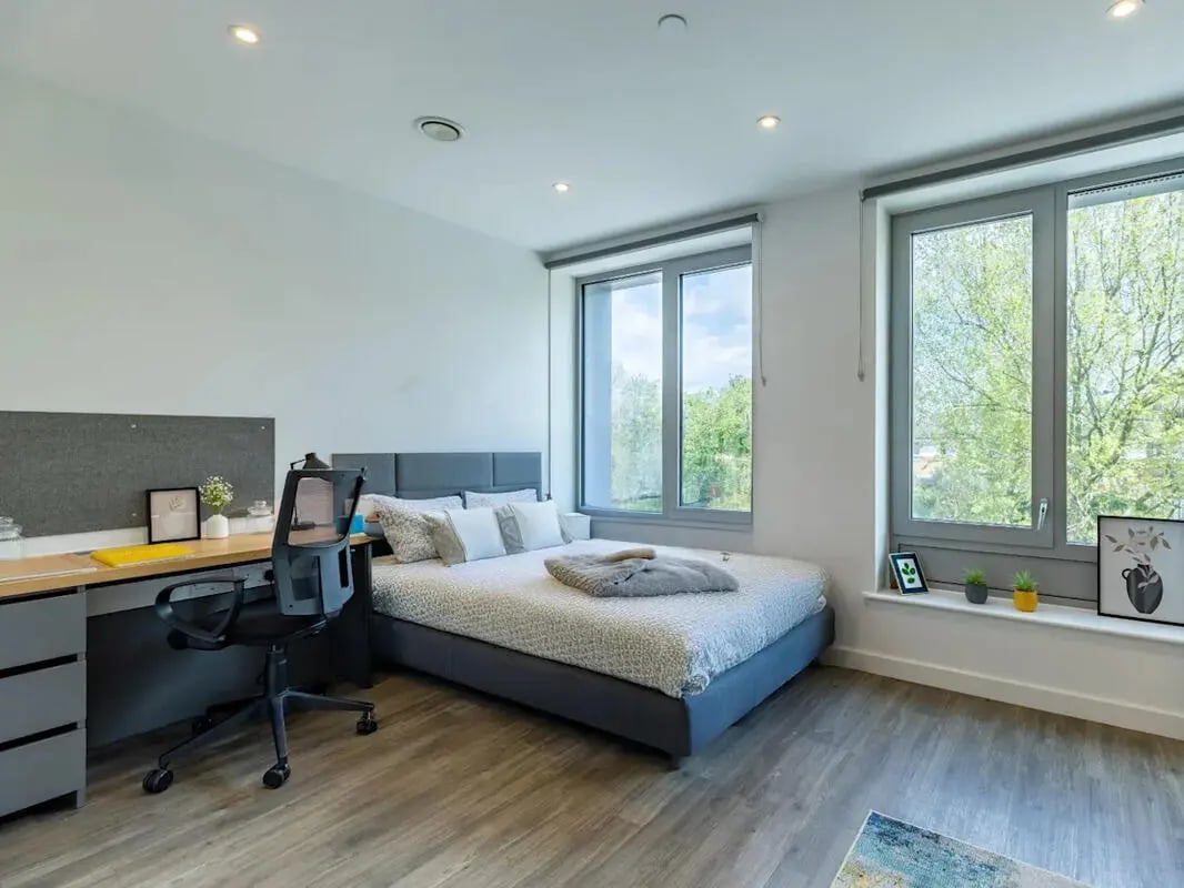 Desk chair bed and windows bedroom at Great Court in London Student Accommodation