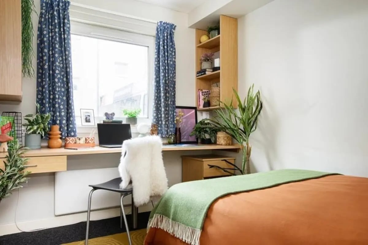 Desk plants laptop chair bed bedroom at Kyle Park House in Glasgow Student Accommodation