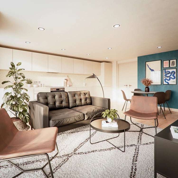 Sofa kitchen dining area and artwork living room at Burnet Court in Edinburgh Student Accommodation