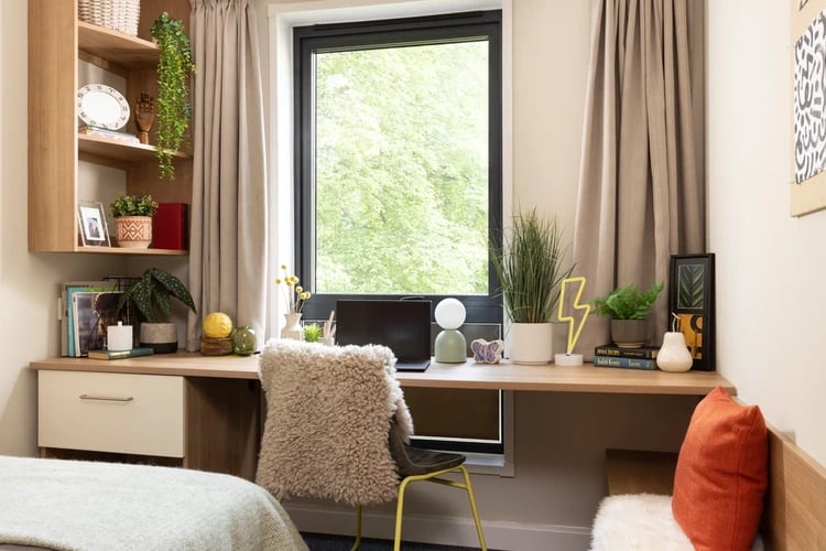 Desk with laptop fuzzy chair and plants study area at Chalmers Street in Edinburgh Student Accommodation