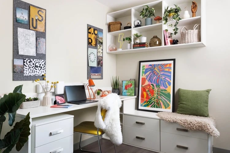 Desk with laptop plants and art study area at The Old Printworks in Edinburgh Student Accommodation